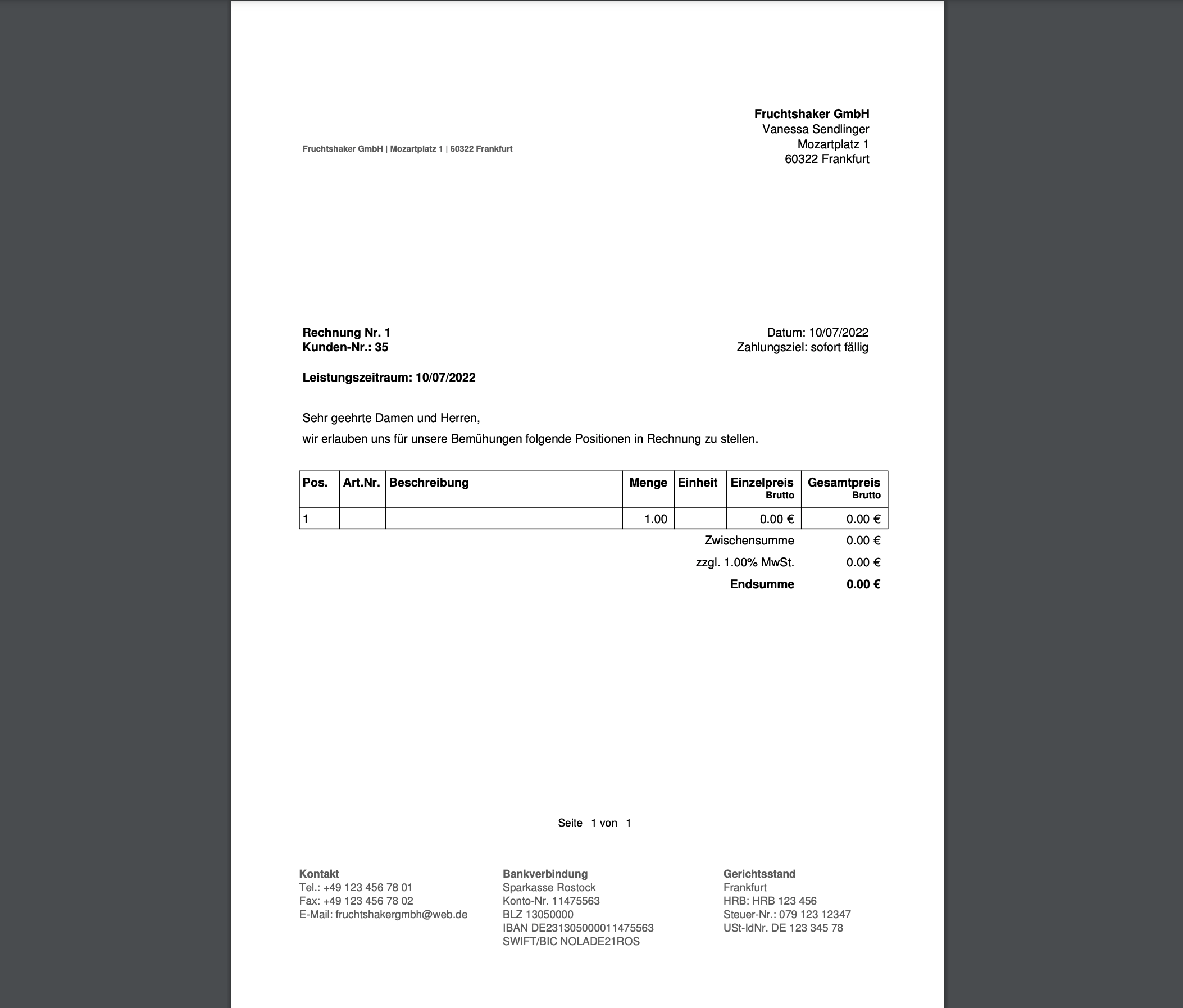 Rechnungsvorlage FastBill Beispiel