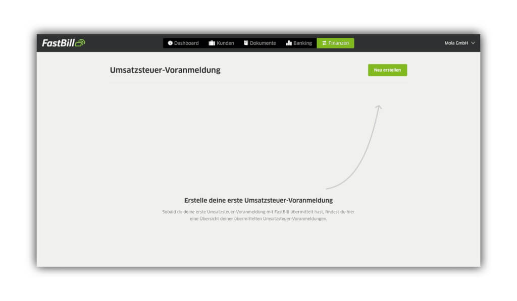 Screenshot der Umsatzsteuervoranmeldung in FastBill, um eine Nullmeldung abzugeben.