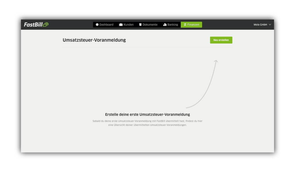 Screenshot der Umsatzsteuervoranmeldung in FastBill, um eine Nullmeldung abzugeben.