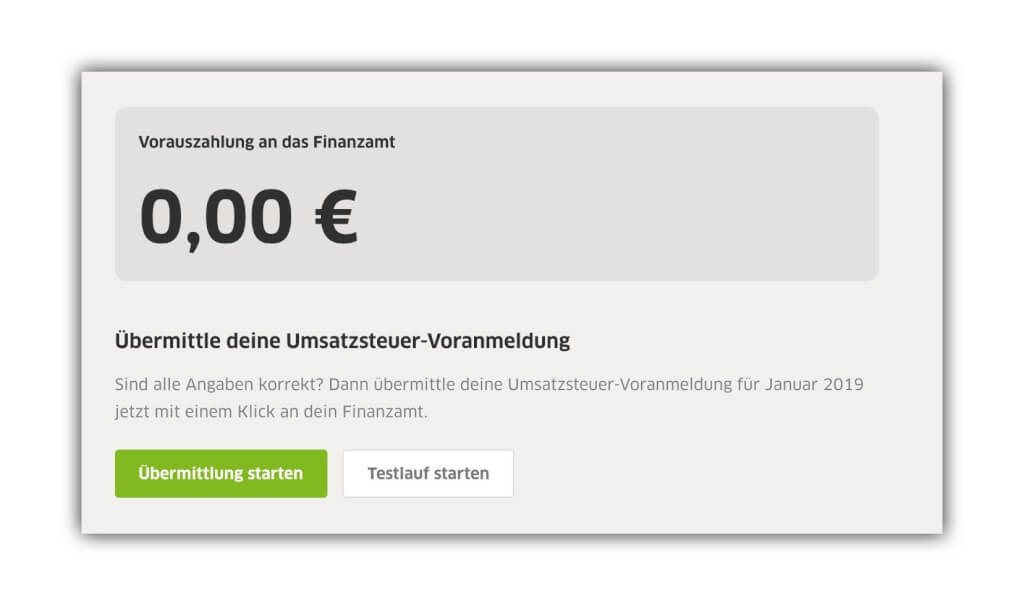 Screenshot einer Umsatzsteuervoranmeldung als Nullmeldung in FastBill