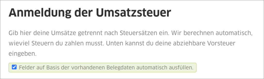 Screenshot der Umsatzsteuervoranmeldung, die man in FastBill automatisch ausfuellen lassen kann